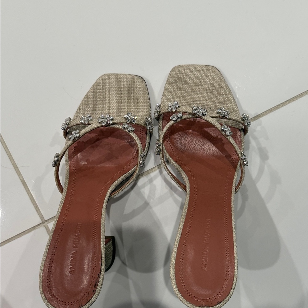 Amina Muaddi Beige Crystal Embellished Heels size 37.5. Worn once